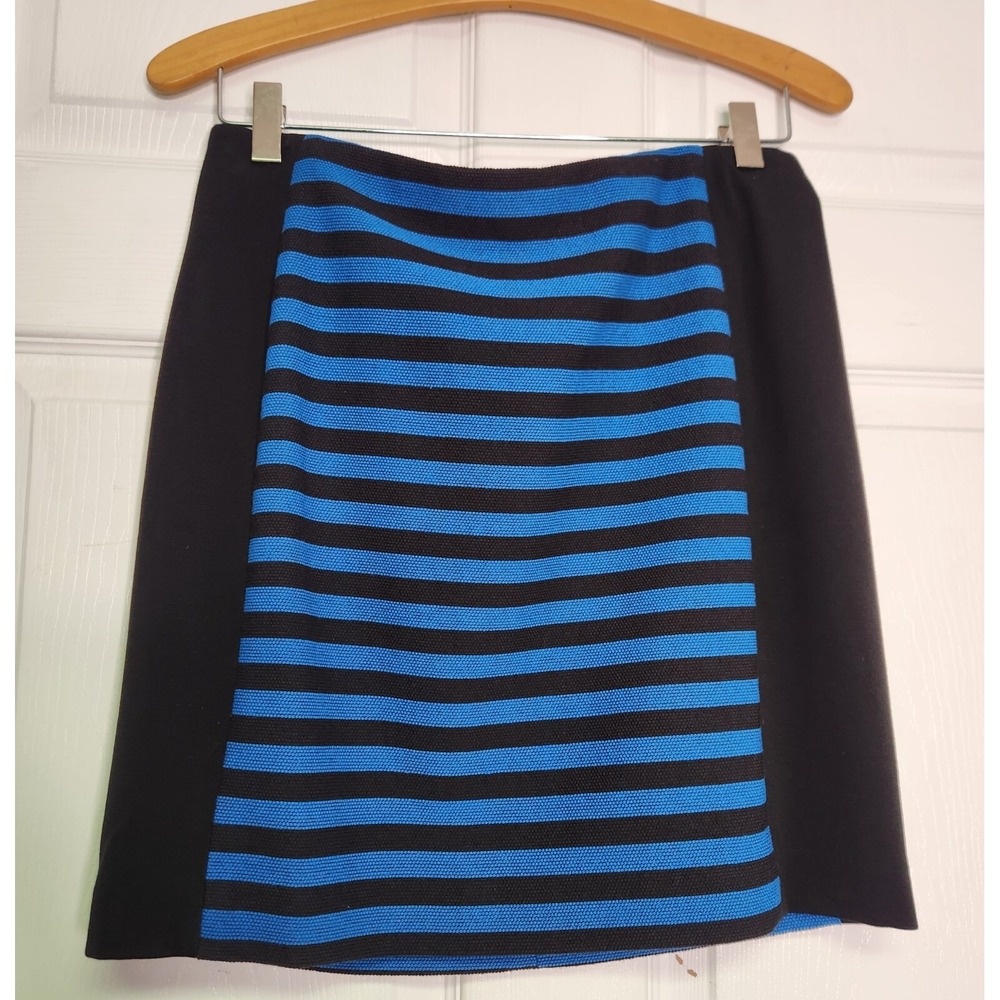 Ann Taylor LOFT Pencil Skirt 8P Black Blue Striped Above Knee Stretch